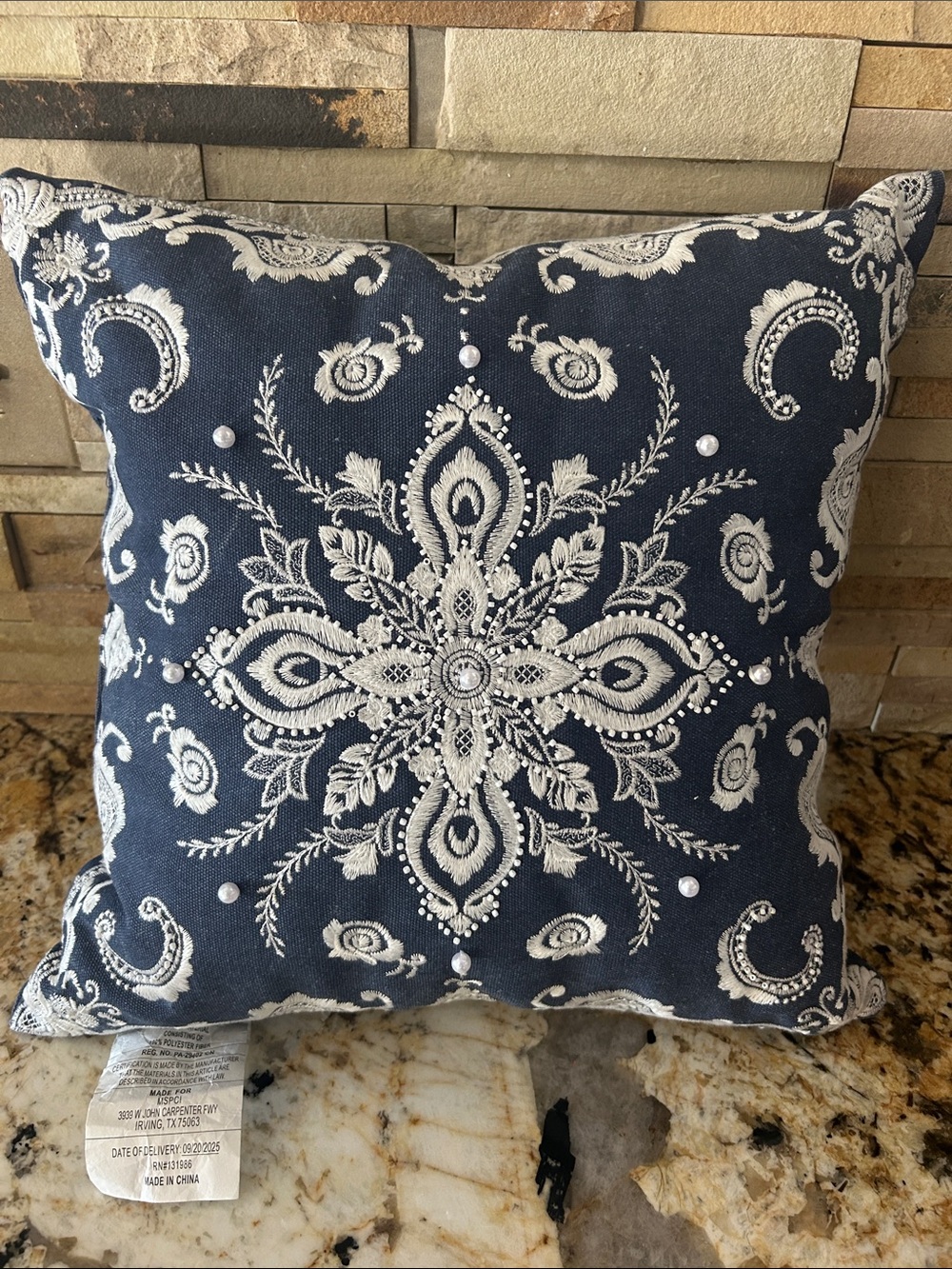 Embroidered Denim Navy Blue Accent Pillow with Cream Medallion Design
